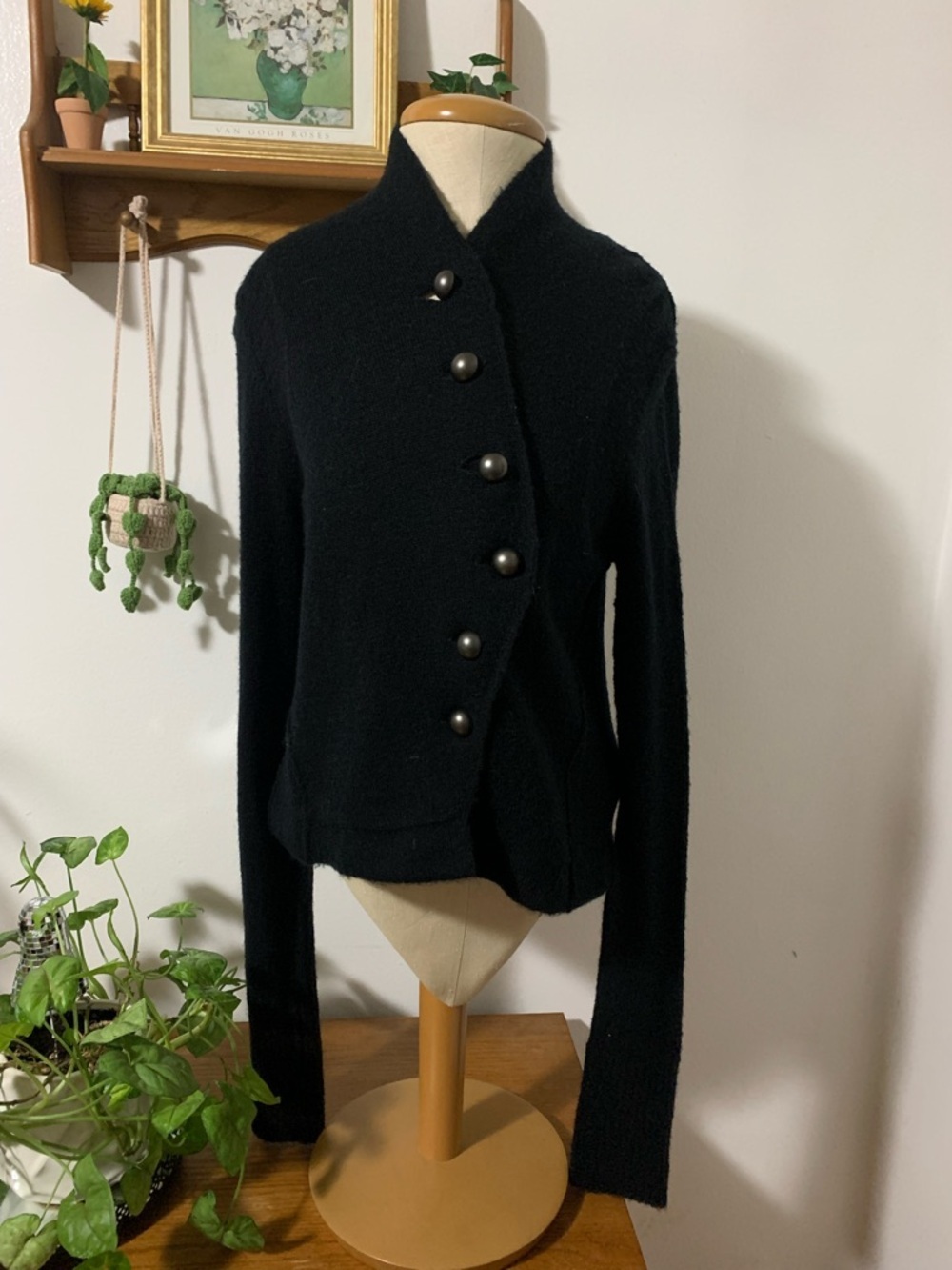 Free People Vtg Archived Military Style Wool Blend Black Shrunken Cardigan L